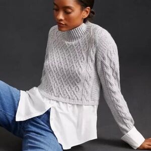 Anthropologie Maeve Sweater Womens Grey White Cable-Knit Layered Sweater